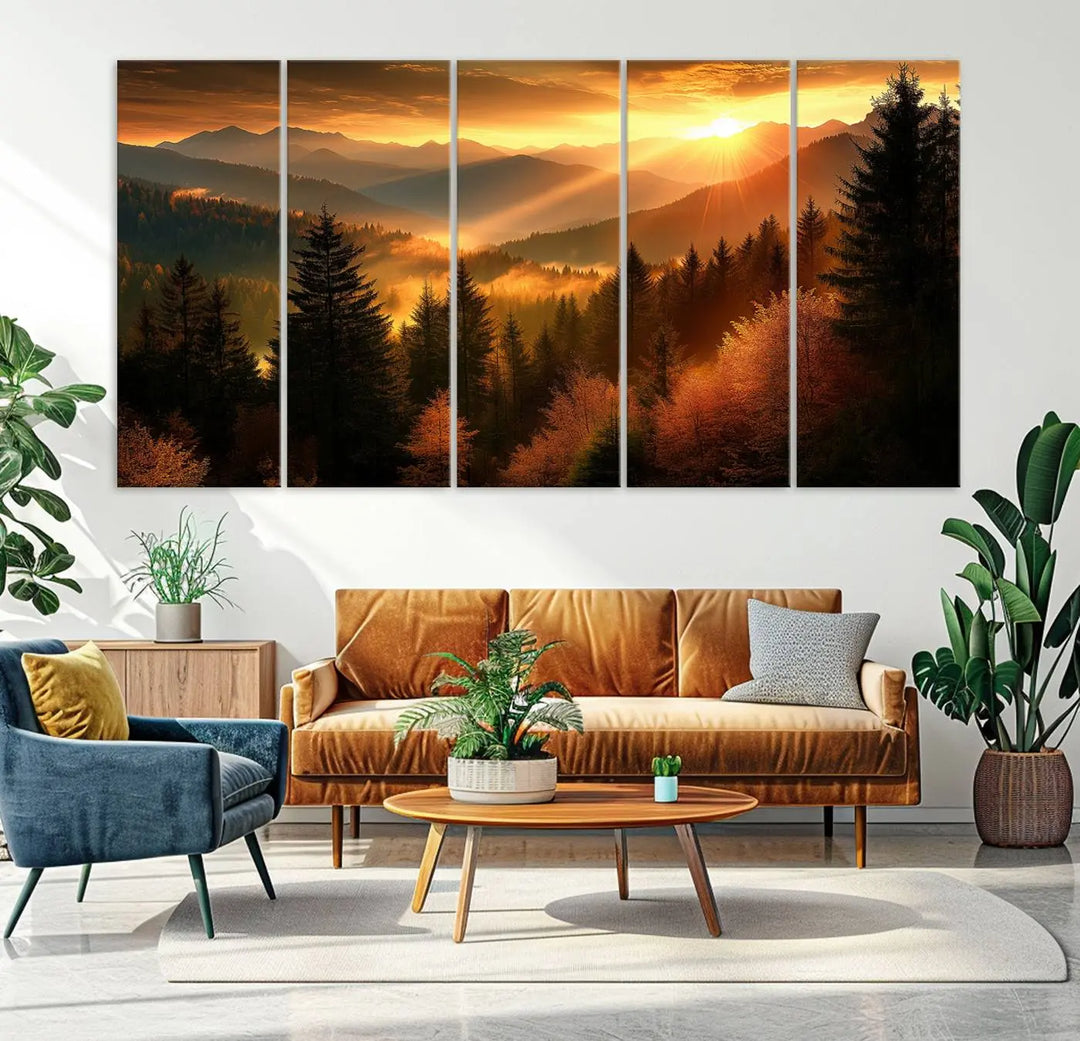 The Golden Sunset Over Mountain Forest canvas wall art adorns the living room.