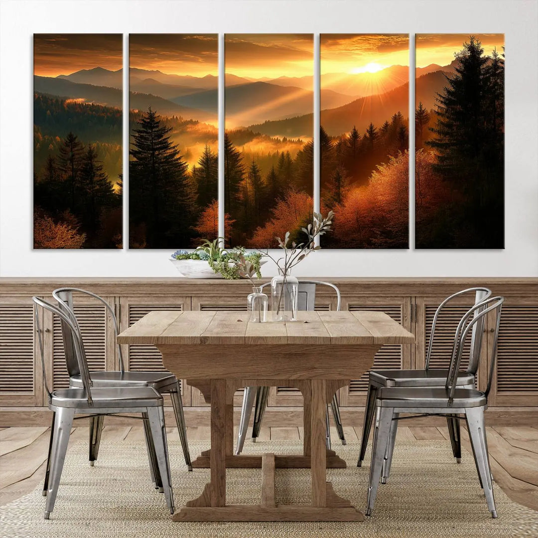 The Golden Sunset Over Mountain Forest canvas wall art adorns the living room.