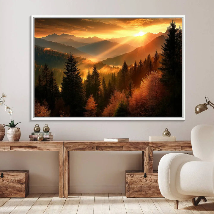 The Golden Sunset Over Mountain Forest canvas wall art adorns the living room.