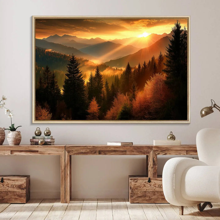 The Golden Sunset Over Mountain Forest canvas wall art adorns the living room.