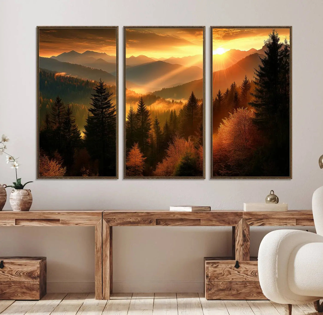 The Golden Sunset Over Mountain Forest canvas wall art adorns the living room.