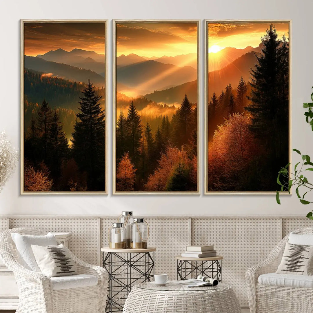 The Golden Sunset Over Mountain Forest canvas wall art adorns the living room.