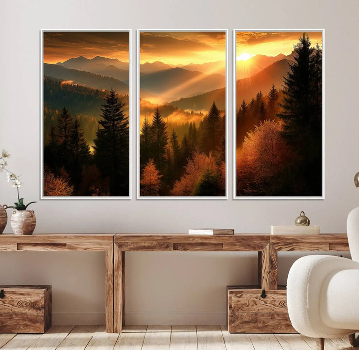 The Golden Sunset Over Mountain Forest canvas wall art adorns the living room.