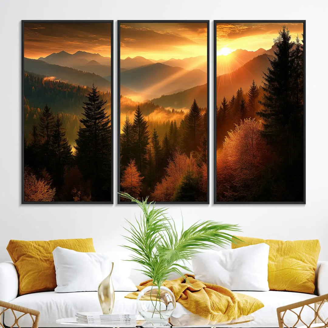 The Golden Sunset Over Mountain Forest canvas wall art adorns the living room.