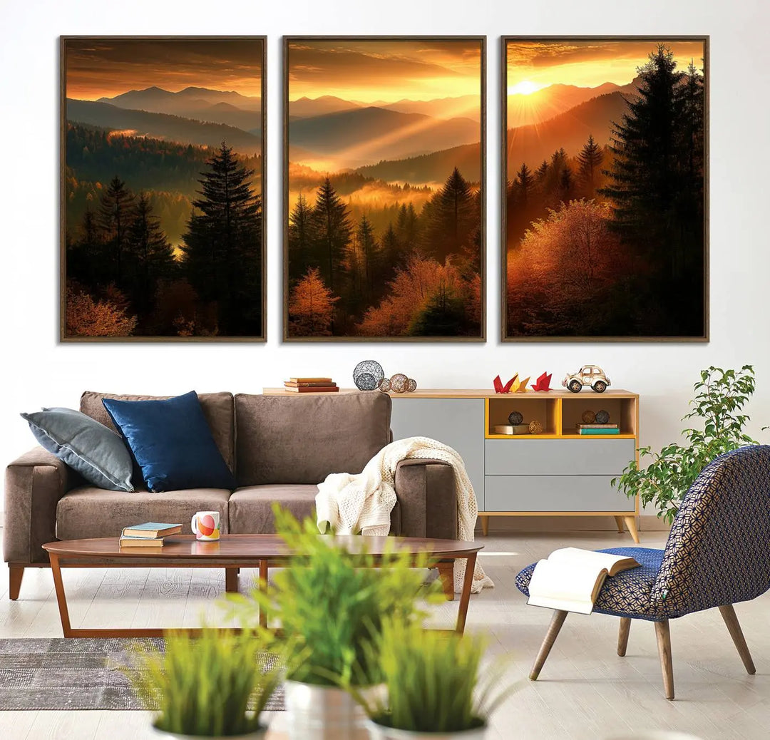 The Golden Sunset Over Mountain Forest canvas wall art adorns the living room.