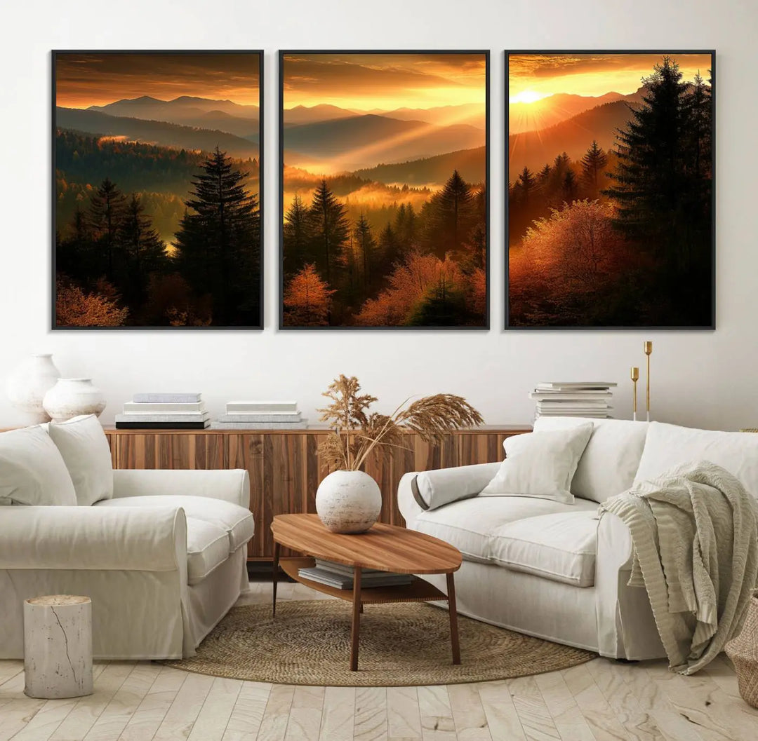 The Golden Sunset Over Mountain Forest canvas wall art adorns the living room.