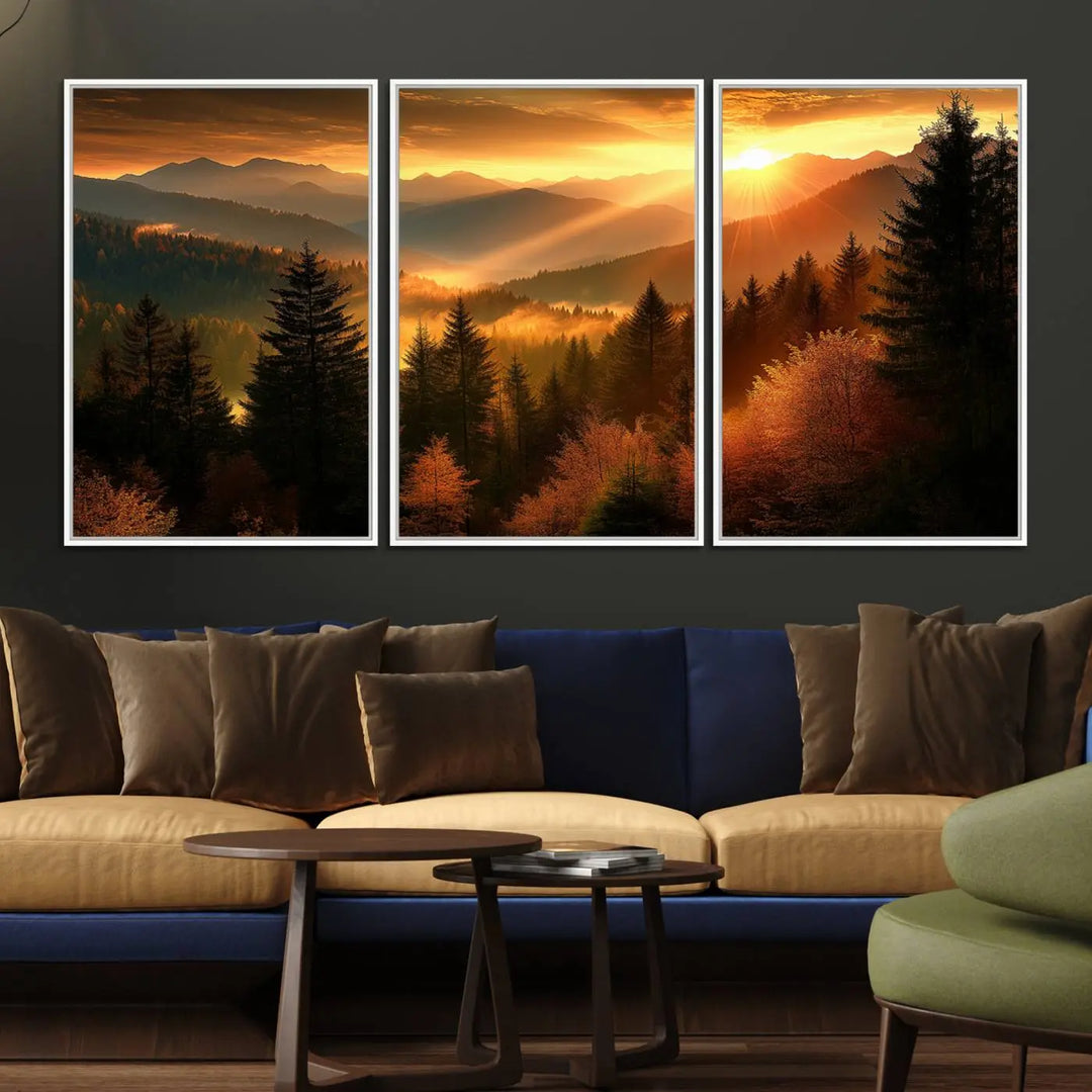 The Golden Sunset Over Mountain Forest canvas wall art adorns the living room.