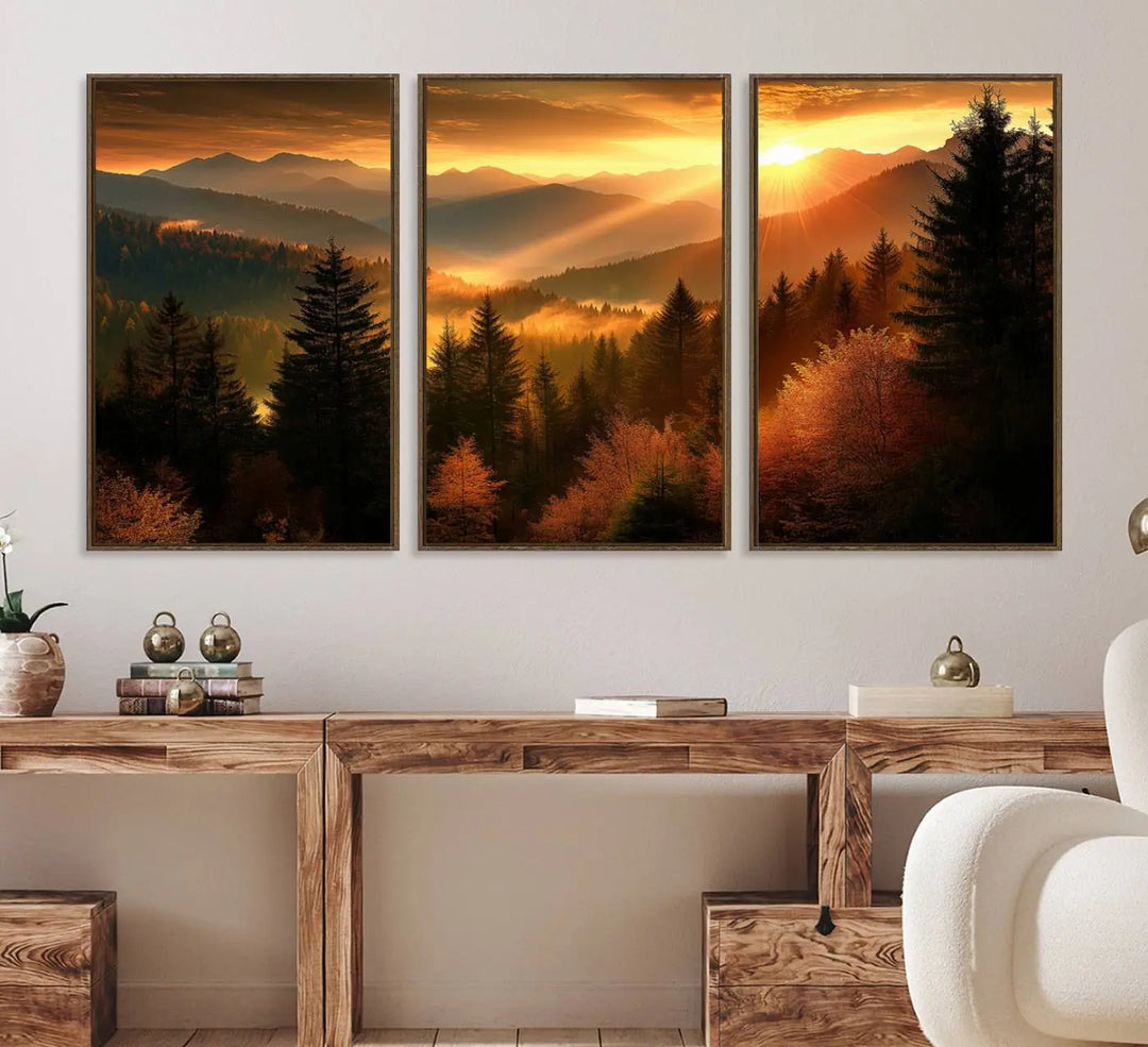 The Golden Sunset Over Mountain Forest canvas wall art adorns the living room.