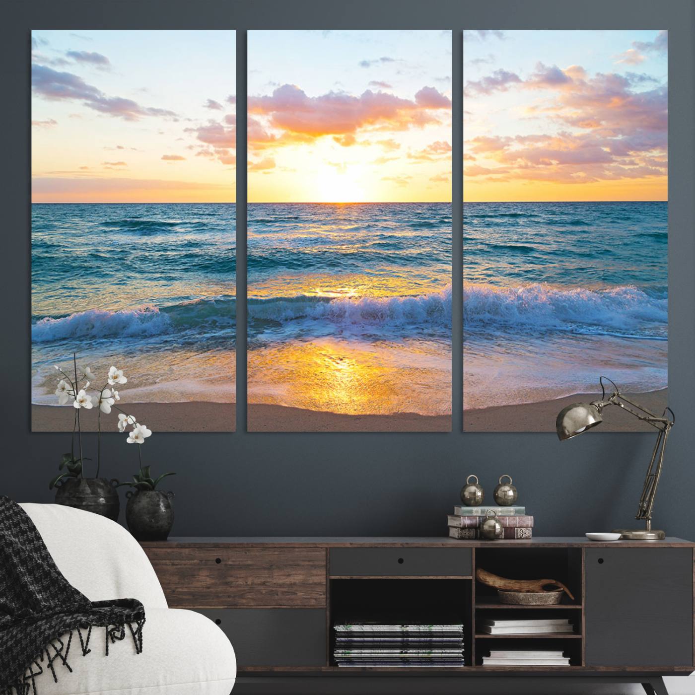 63383-MGV-CV-36X24-Golden Sunset Over Ocean Waves - Serene Coastal Triptych Wall Art for Relaxing Home Decor, Ready to Hang