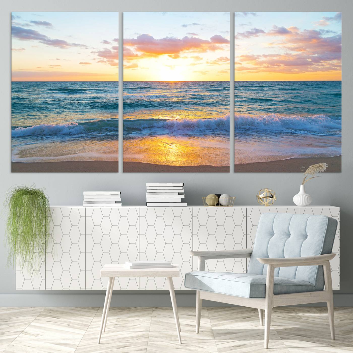 63383-MGV-CV-36X24-Golden Sunset Over Ocean Waves - Serene Coastal Triptych Wall Art for Relaxing Home Decor, Ready to Hang