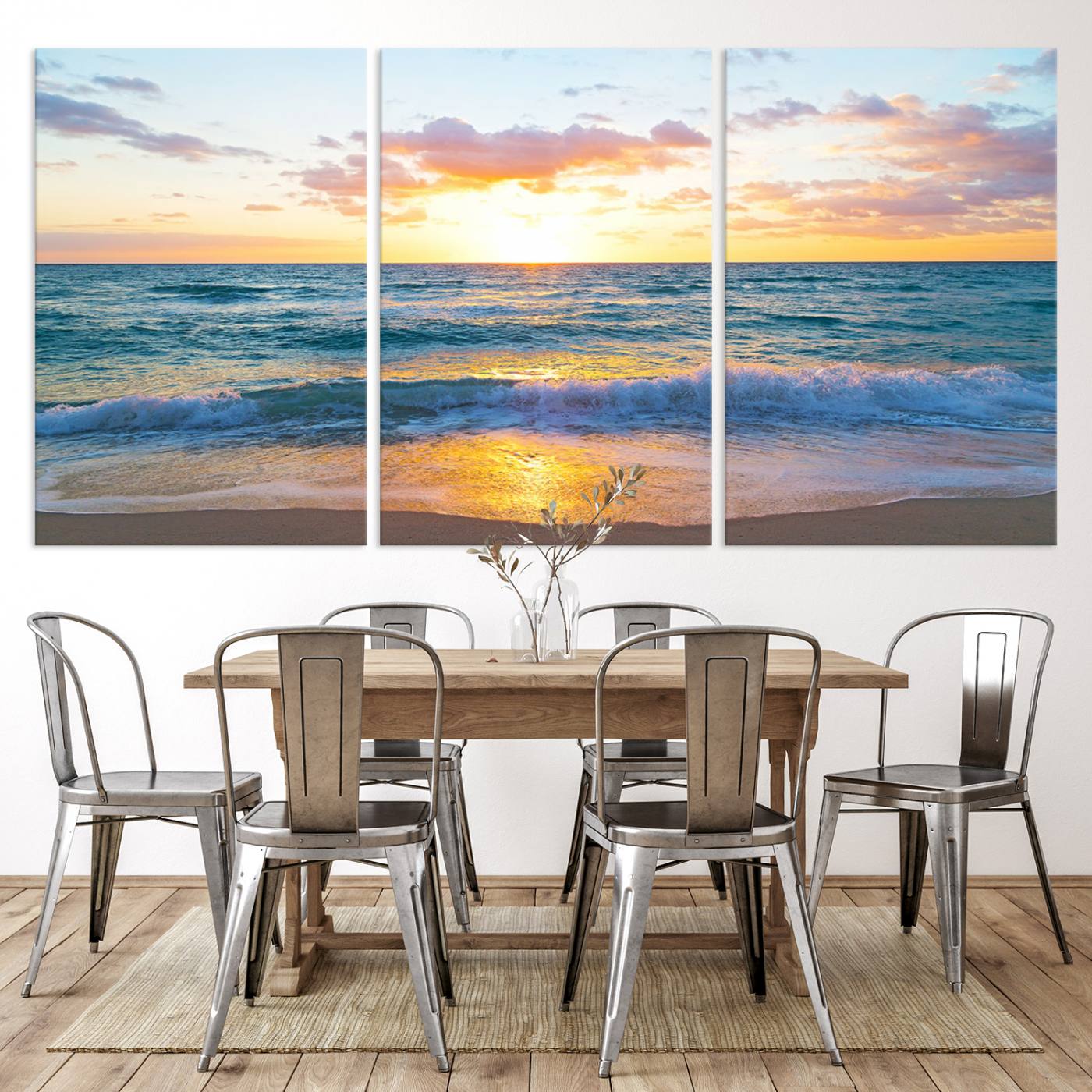 63383-MGV-CV-36X24-Golden Sunset Over Ocean Waves - Serene Coastal Triptych Wall Art for Relaxing Home Decor, Ready to Hang