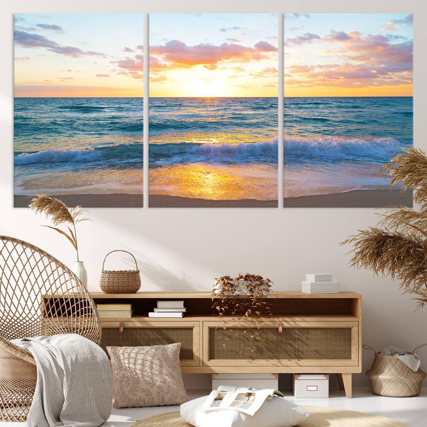 63383-MGV-CV-36X24-Golden Sunset Over Ocean Waves - Serene Coastal Triptych Wall Art for Relaxing Home Decor, Ready to Hang