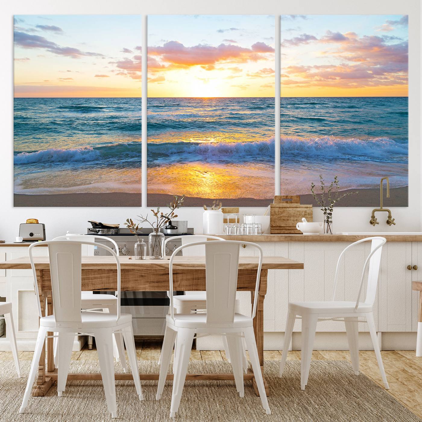 63383-MGV-CV-36X24-Golden Sunset Over Ocean Waves - Serene Coastal Triptych Wall Art for Relaxing Home Decor, Ready to Hang