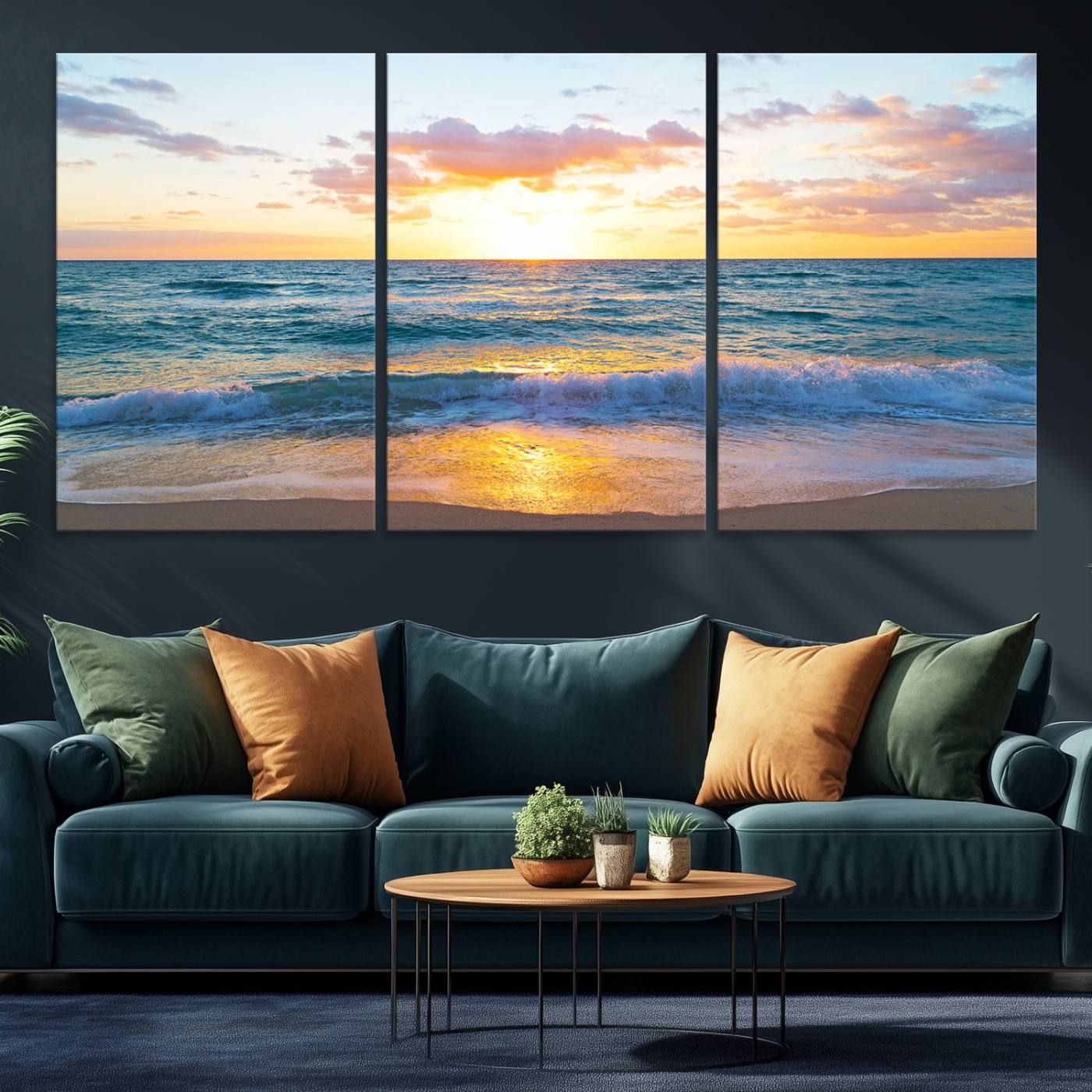 63383-MGV-CV-36X24-Golden Sunset Over Ocean Waves - Serene Coastal Triptych Wall Art for Relaxing Home Decor, Ready to Hang