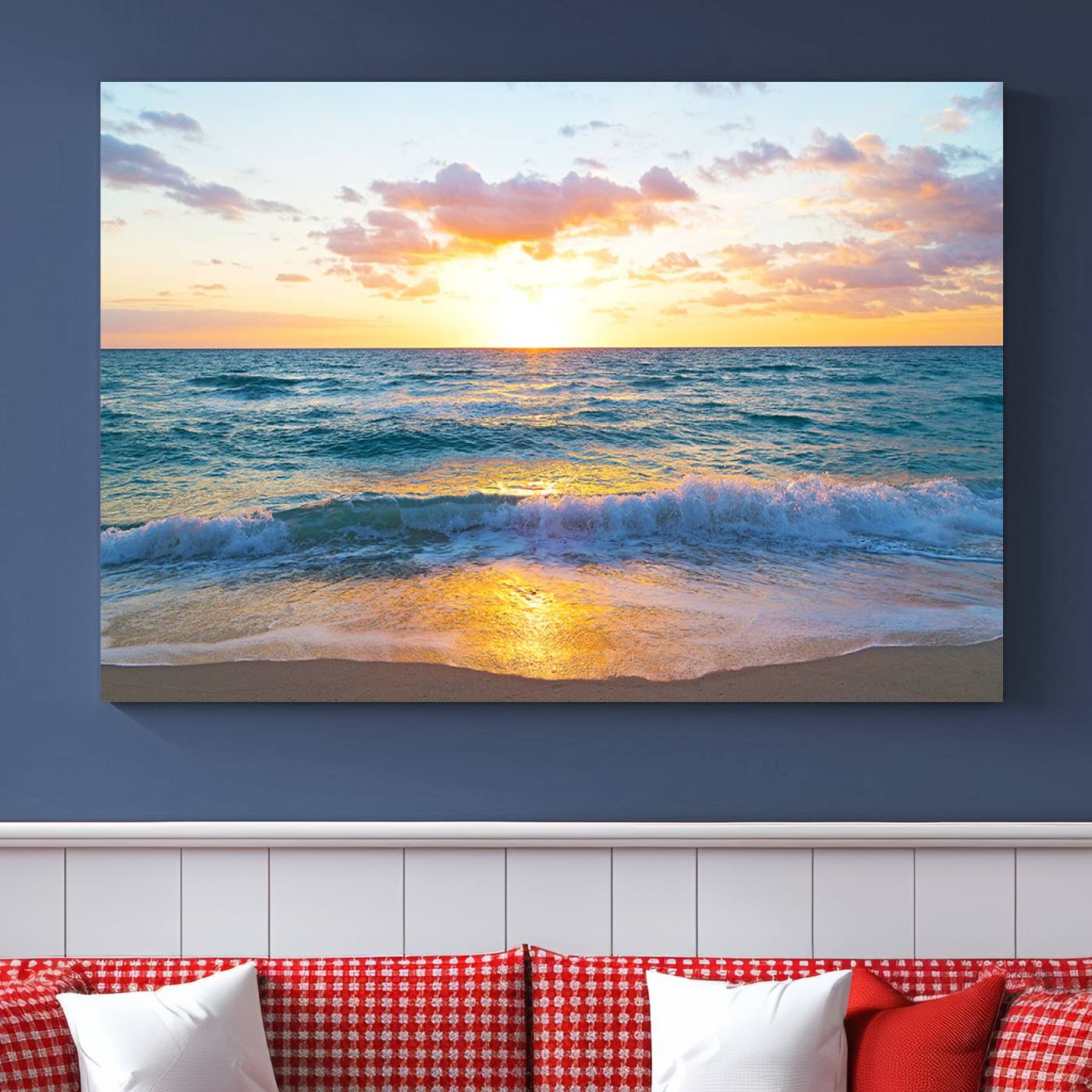 63383-MGV-CV-36X24-Golden Sunset Over Ocean Waves - Serene Coastal Triptych Wall Art for Relaxing Home Decor, Ready to Hang