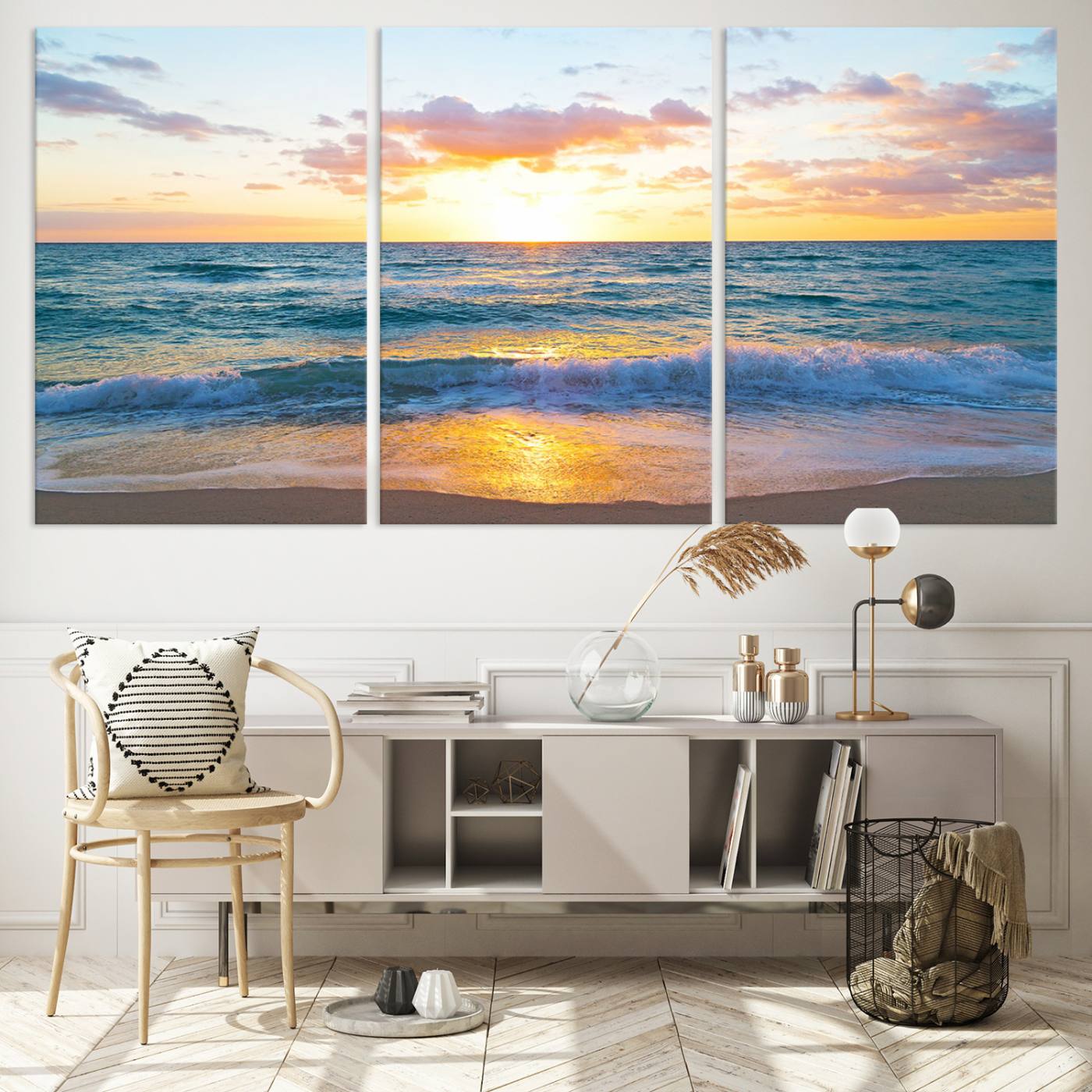 63383-MGV-CV-60X30-3P-Golden Sunset Over Ocean Waves - Serene Coastal Triptych Wall Art for Relaxing Home Decor, Ready to Hang