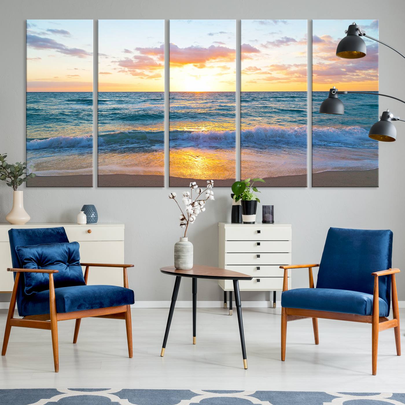 63383-MGV-CV-60X31-5P-Golden Sunset Over Ocean Waves - Serene Coastal Triptych Wall Art for Relaxing Home Decor, Ready to Hang
