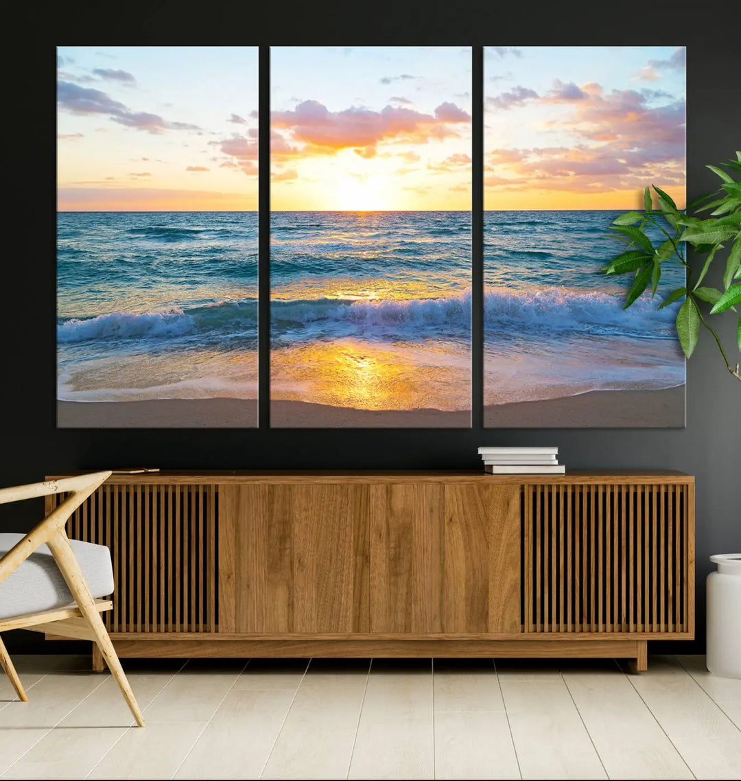 A beautiful Golden Sunset Over Ocean Waves triptych wall art is displayed, enhancing the serene atmosphere.