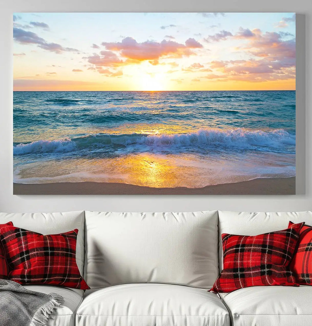 A beautiful Golden Sunset Over Ocean Waves triptych wall art is displayed, enhancing the serene atmosphere.