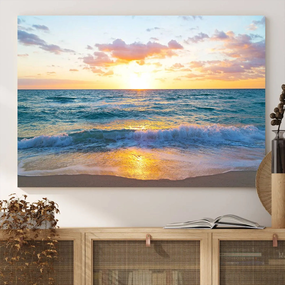 A beautiful Golden Sunset Over Ocean Waves triptych wall art is displayed, enhancing the serene atmosphere.