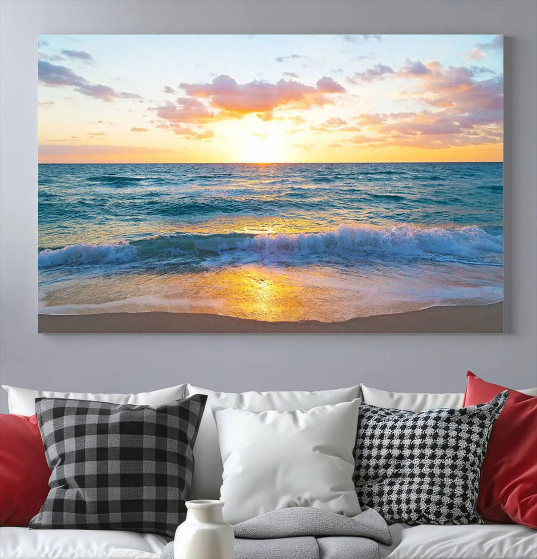 A beautiful Golden Sunset Over Ocean Waves triptych wall art is displayed, enhancing the serene atmosphere.