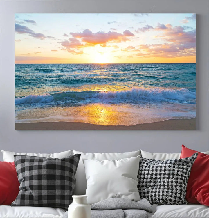 A beautiful Golden Sunset Over Ocean Waves triptych wall art is displayed, enhancing the serene atmosphere.