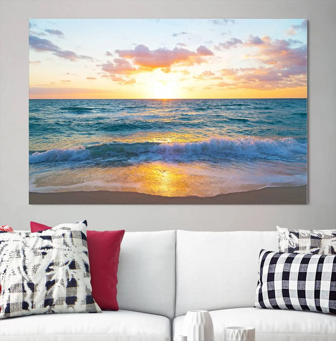 A beautiful Golden Sunset Over Ocean Waves triptych wall art is displayed, enhancing the serene atmosphere.