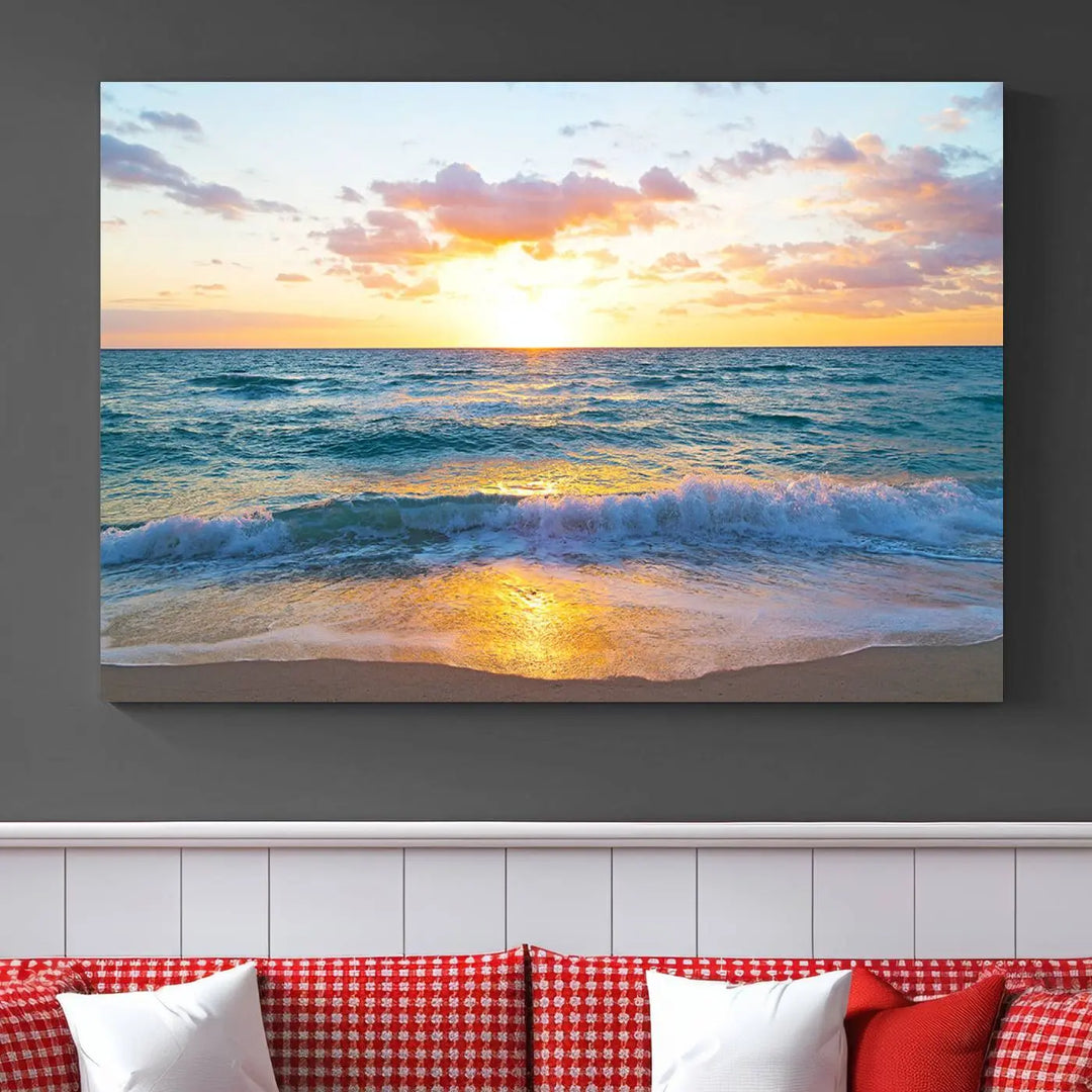 A beautiful Golden Sunset Over Ocean Waves triptych wall art is displayed, enhancing the serene atmosphere.