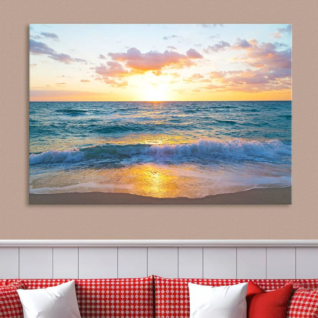 A beautiful Golden Sunset Over Ocean Waves triptych wall art is displayed, enhancing the serene atmosphere.