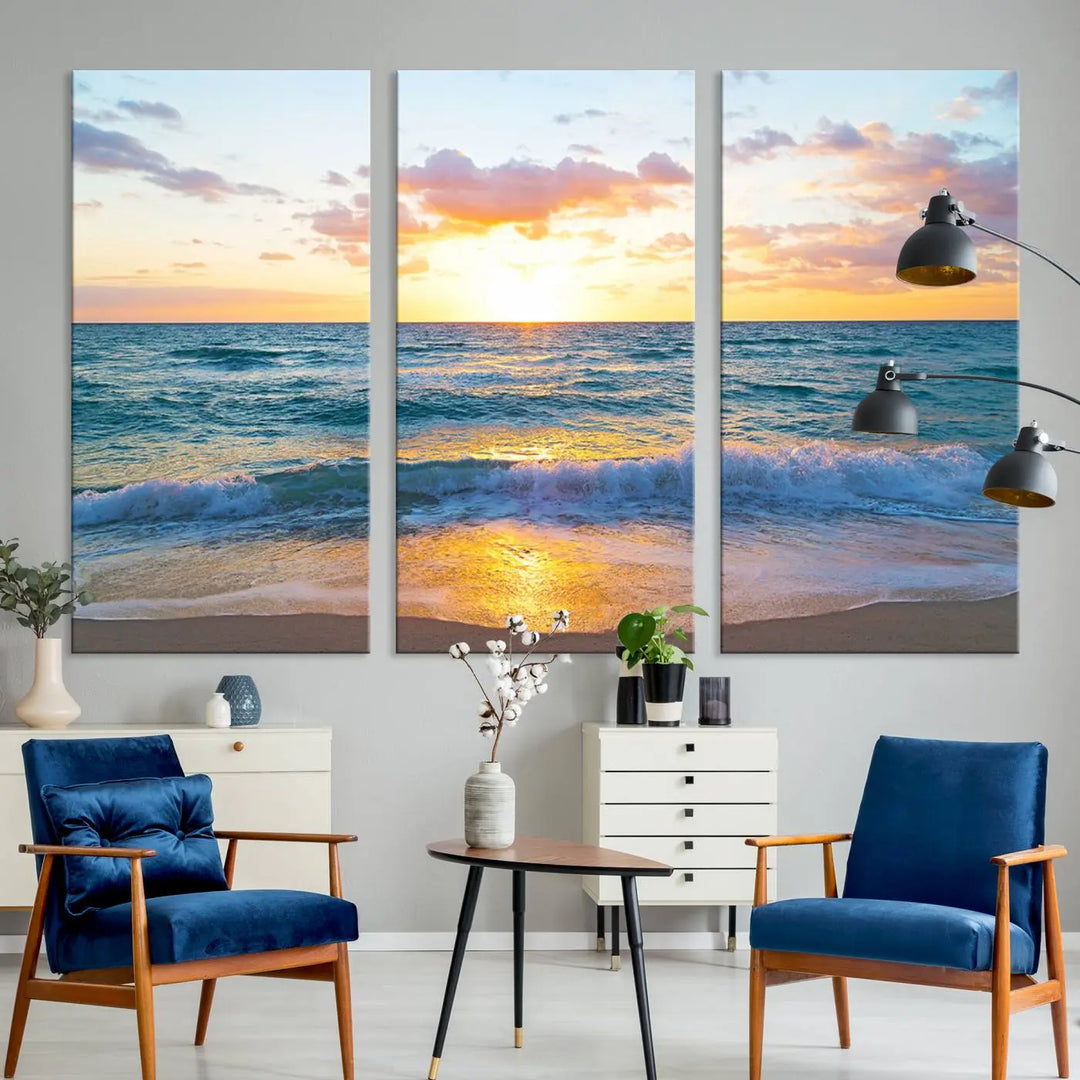 A beautiful Golden Sunset Over Ocean Waves triptych wall art is displayed, enhancing the serene atmosphere.