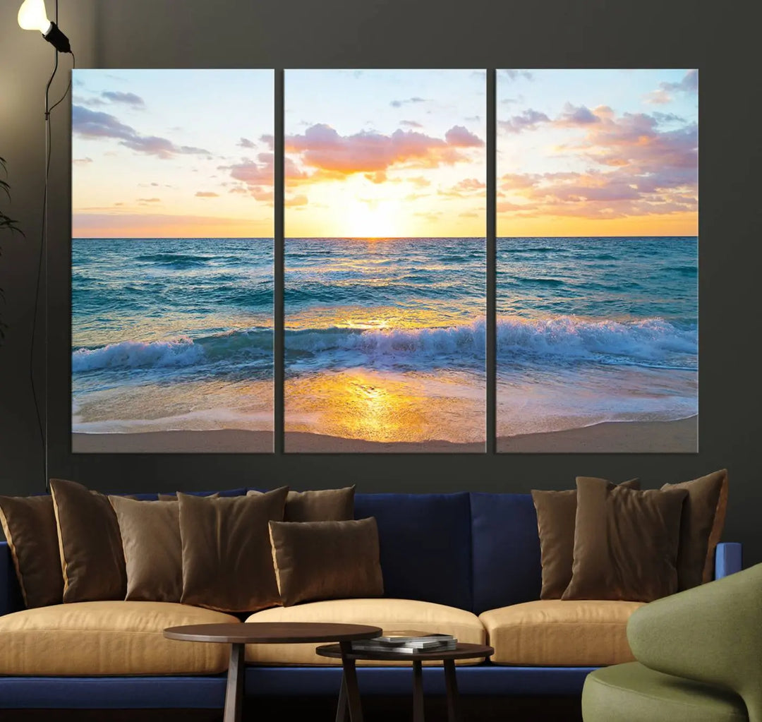 A beautiful Golden Sunset Over Ocean Waves triptych wall art is displayed, enhancing the serene atmosphere.