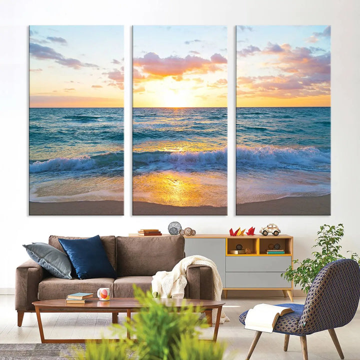 A beautiful Golden Sunset Over Ocean Waves triptych wall art is displayed, enhancing the serene atmosphere.