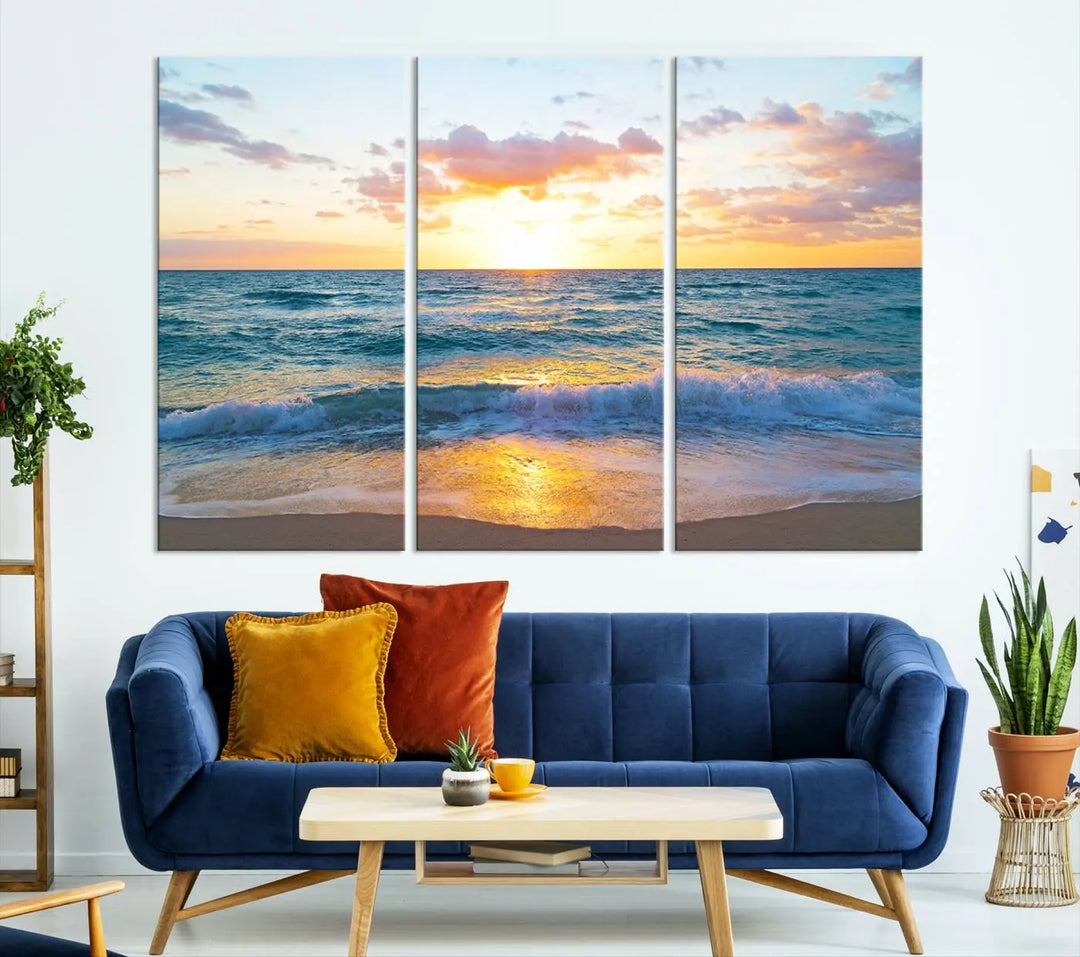 A beautiful Golden Sunset Over Ocean Waves triptych wall art is displayed, enhancing the serene atmosphere.