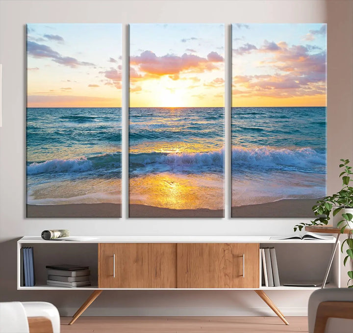 A beautiful Golden Sunset Over Ocean Waves triptych wall art is displayed, enhancing the serene atmosphere.