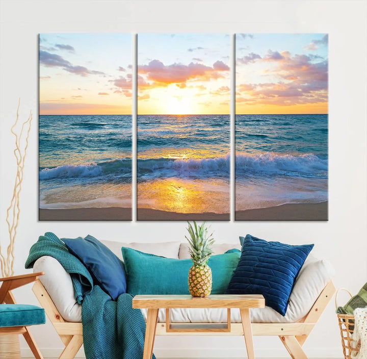 A beautiful Golden Sunset Over Ocean Waves triptych wall art is displayed, enhancing the serene atmosphere.