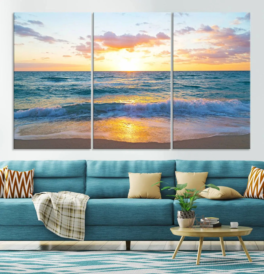 A beautiful Golden Sunset Over Ocean Waves triptych wall art is displayed, enhancing the serene atmosphere.