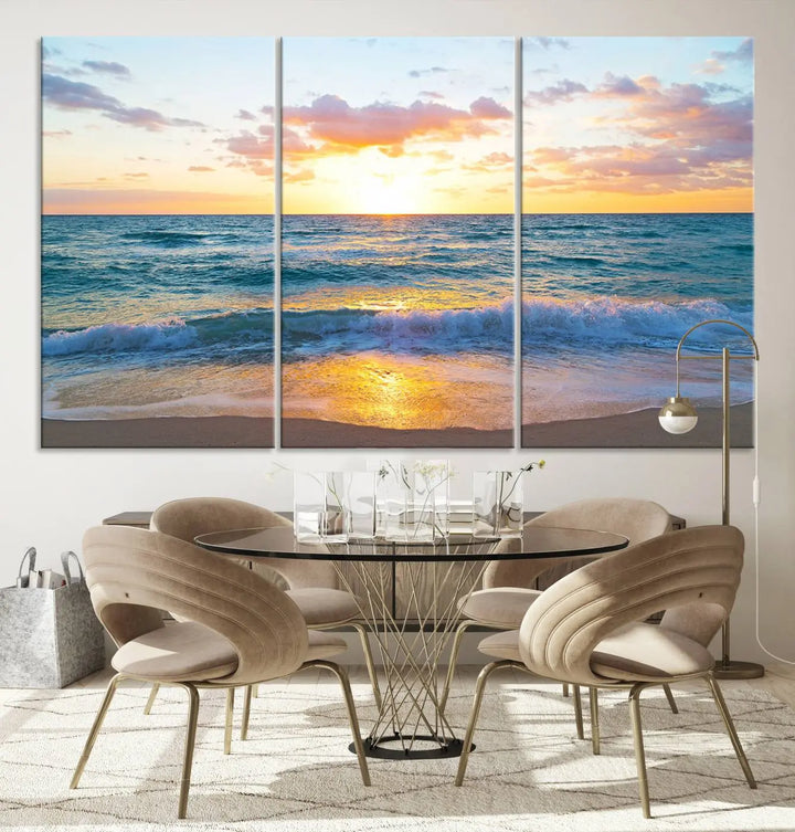 A beautiful Golden Sunset Over Ocean Waves triptych wall art is displayed, enhancing the serene atmosphere.