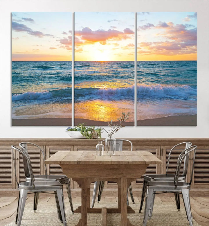 A beautiful Golden Sunset Over Ocean Waves triptych wall art is displayed, enhancing the serene atmosphere.