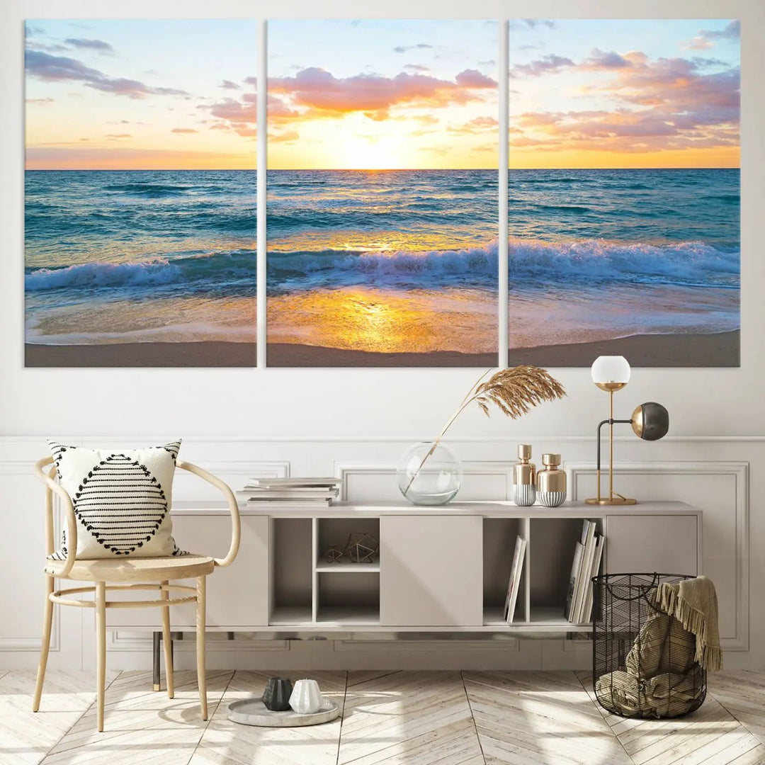 A beautiful Golden Sunset Over Ocean Waves triptych wall art is displayed, enhancing the serene atmosphere.