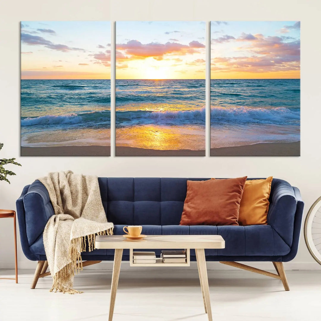 A beautiful Golden Sunset Over Ocean Waves triptych wall art is displayed, enhancing the serene atmosphere.