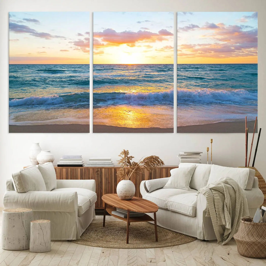 A beautiful Golden Sunset Over Ocean Waves triptych wall art is displayed, enhancing the serene atmosphere.