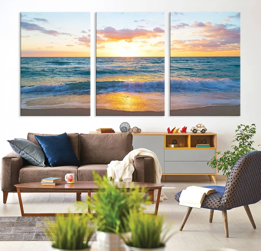 A beautiful Golden Sunset Over Ocean Waves triptych wall art is displayed, enhancing the serene atmosphere.