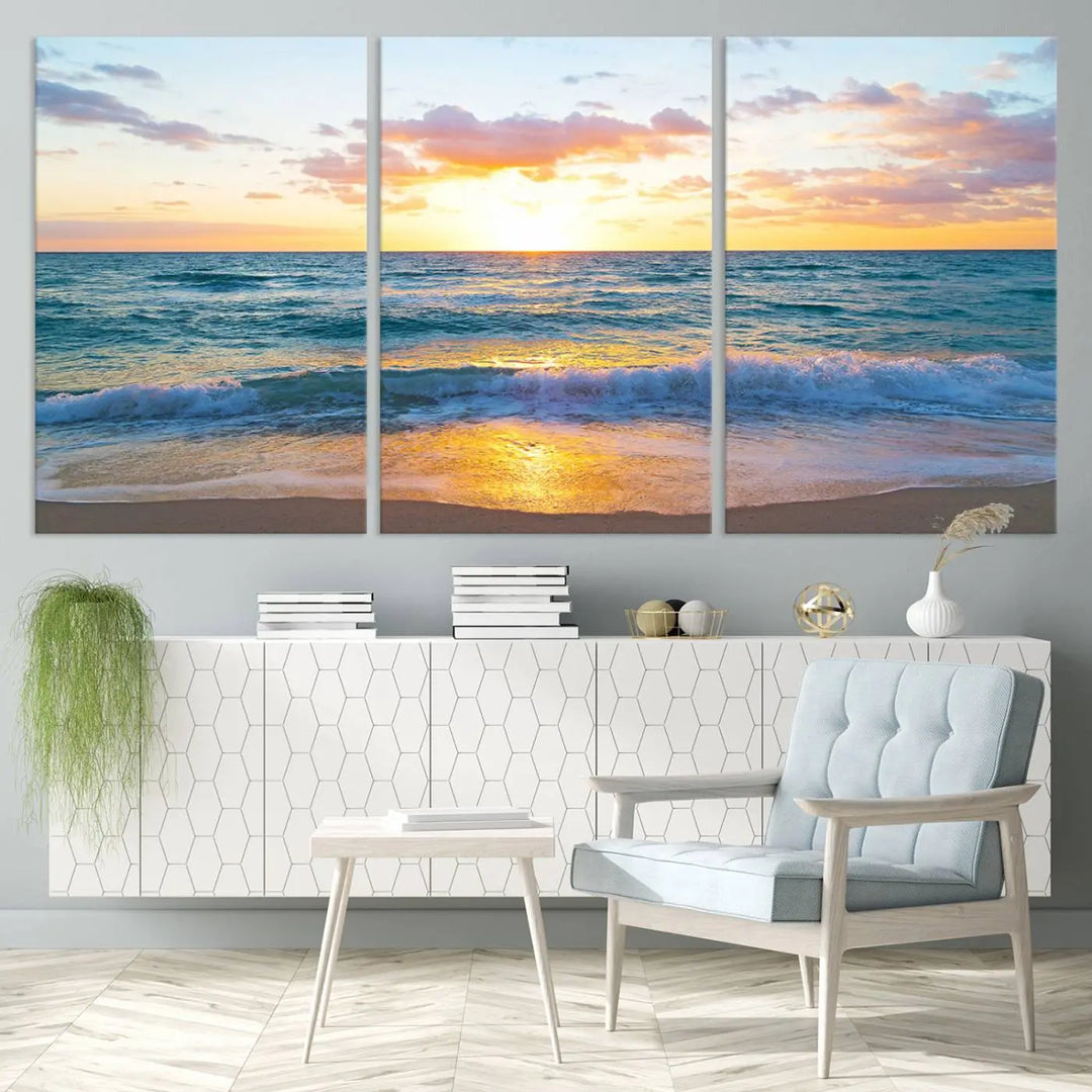 A beautiful Golden Sunset Over Ocean Waves triptych wall art is displayed, enhancing the serene atmosphere.