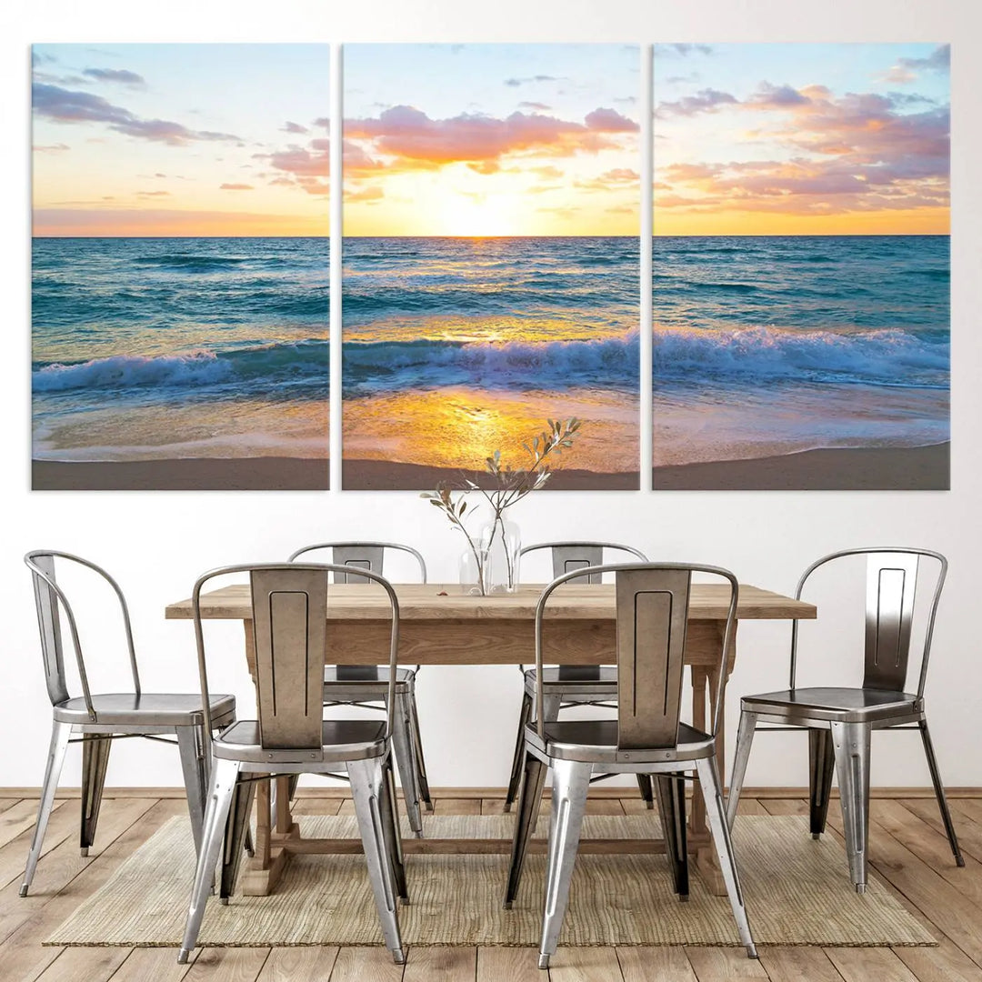 A beautiful Golden Sunset Over Ocean Waves triptych wall art is displayed, enhancing the serene atmosphere.