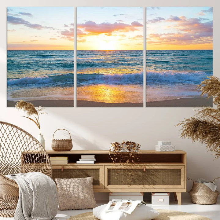 A beautiful Golden Sunset Over Ocean Waves triptych wall art is displayed, enhancing the serene atmosphere.