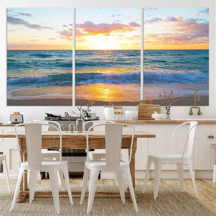 A beautiful Golden Sunset Over Ocean Waves triptych wall art is displayed, enhancing the serene atmosphere.