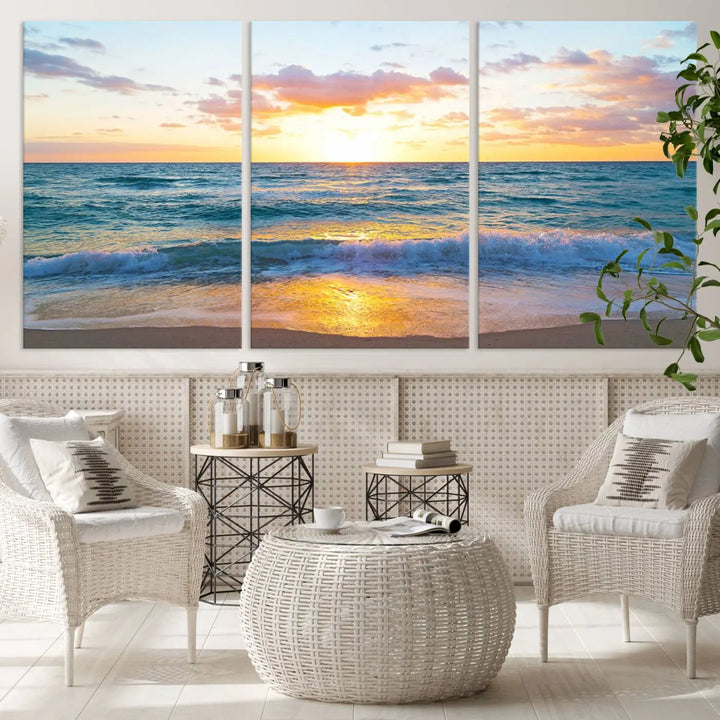 A beautiful Golden Sunset Over Ocean Waves triptych wall art is displayed, enhancing the serene atmosphere.