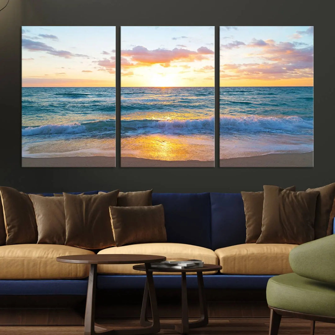 A beautiful Golden Sunset Over Ocean Waves triptych wall art is displayed, enhancing the serene atmosphere.