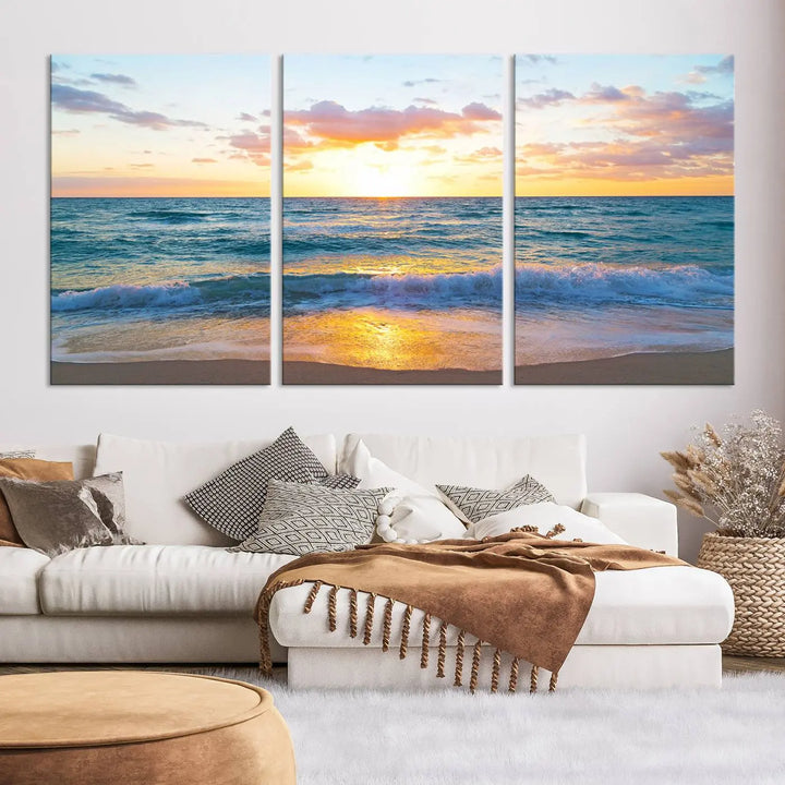 A beautiful Golden Sunset Over Ocean Waves triptych wall art is displayed, enhancing the serene atmosphere.