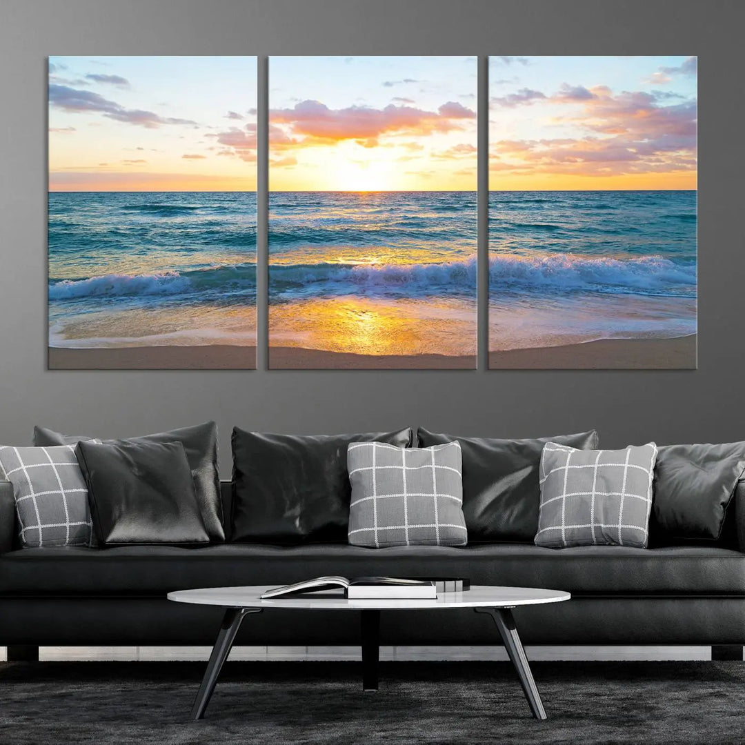 A beautiful Golden Sunset Over Ocean Waves triptych wall art is displayed, enhancing the serene atmosphere.